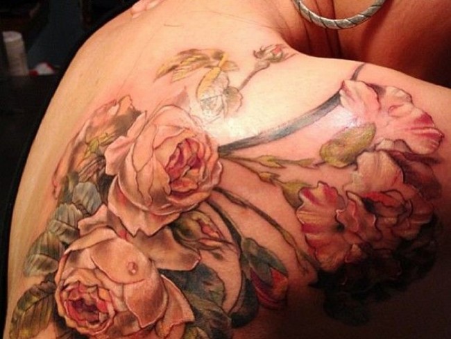 Beautiful Peony Flowers Tattoo On Girl Right Back Shoulder
