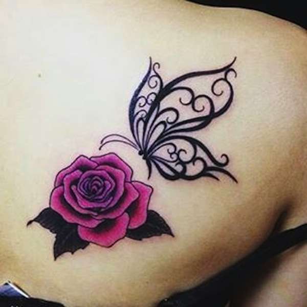 Beautiful Rose And Tribal Butterfly Tattoo On Back Shoulder