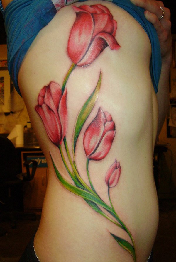 Beautiful Tulip Flowers Tattoos On Side Rib
