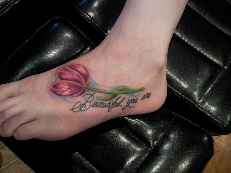 Beautiful You are Tulip Tattoo On Left Foot