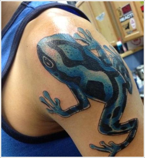 Black And Blue Frog Tattoo On Left Shoulder