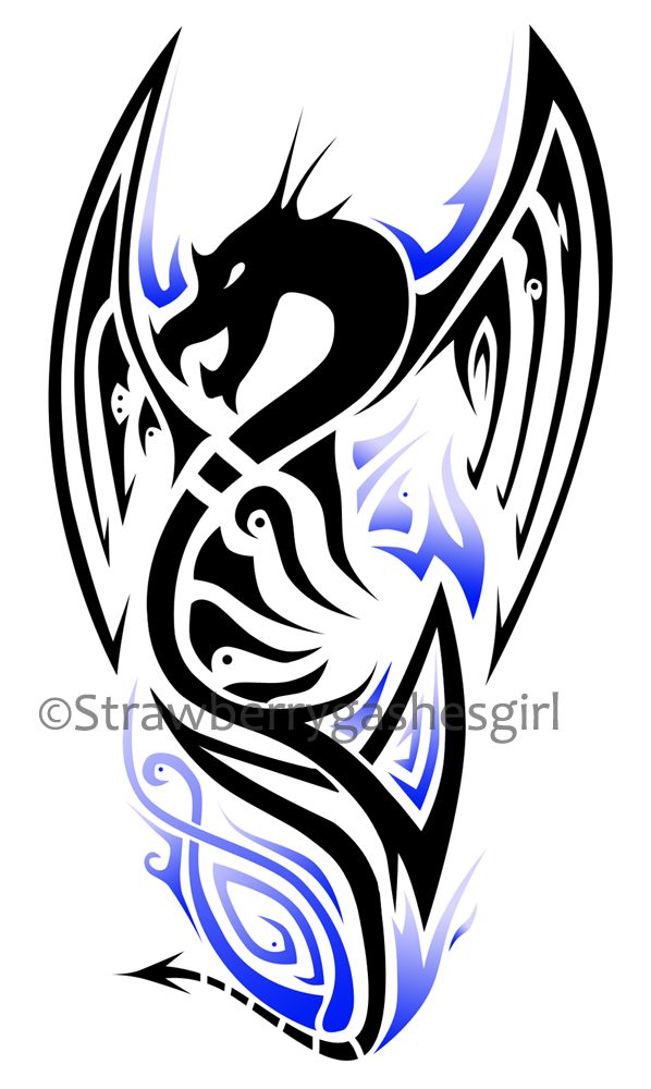 Black And Blue Tribal Dragon Tattoo Design By Strawberrygashesgirl