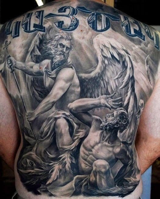Black And Grey 3D Archangel Michael Tattoo On Full Back