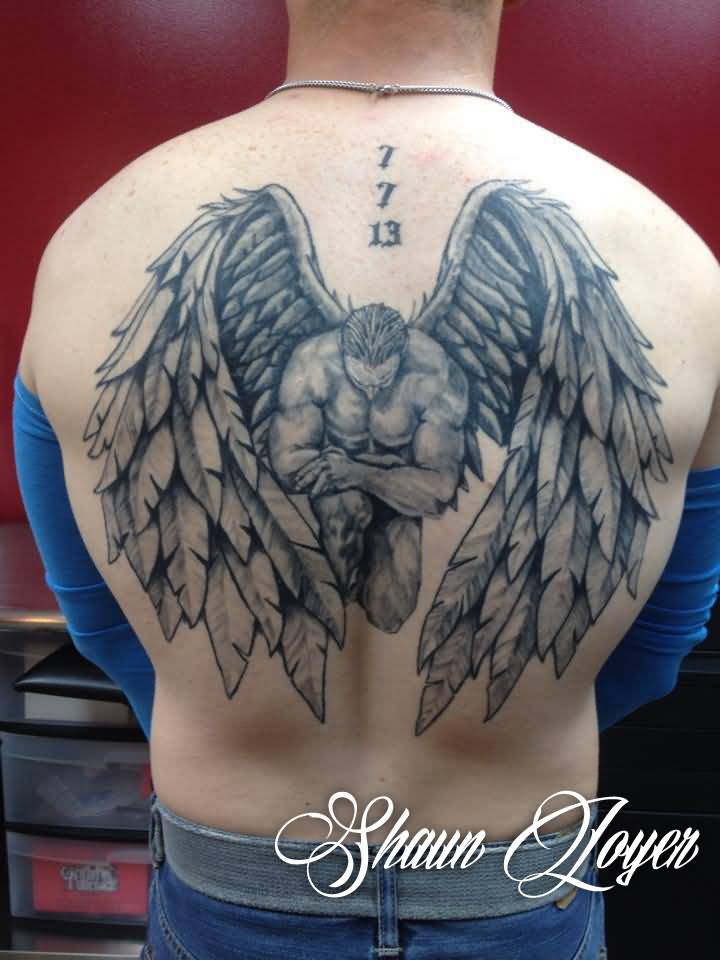 Black And Grey 3D Archangel Michael Tattoo On Man Full Back