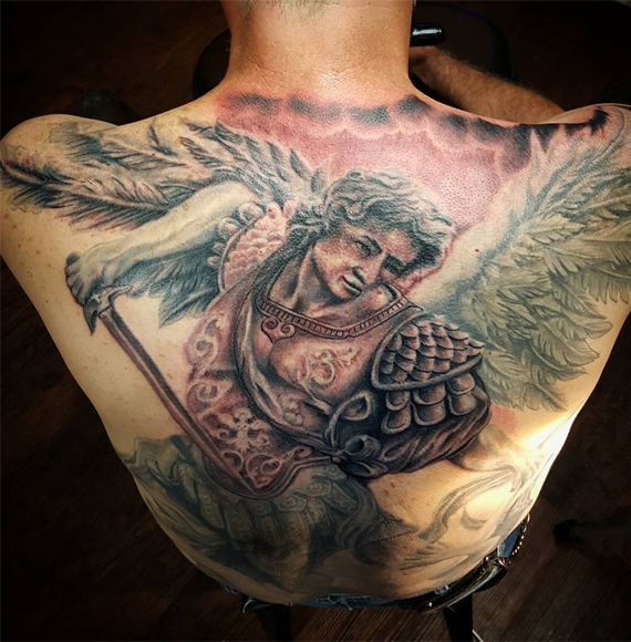 Black And Grey 3D Archangel Michael Tattoo On Man Upper Back