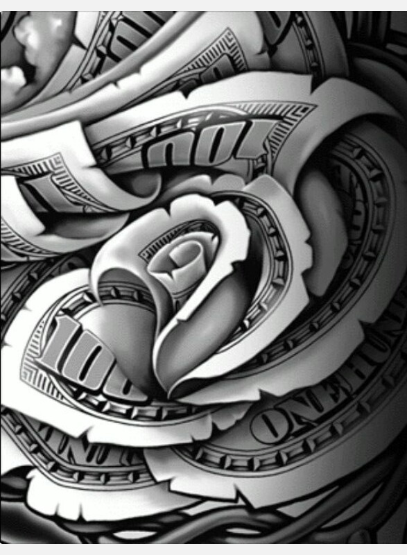 Black And Grey 3D Money Rose Tattoo Design