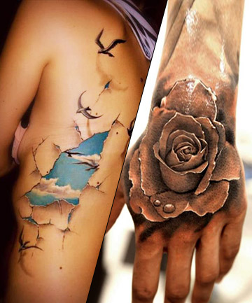 Black And Grey 3D Rose Tattoo On Left Hand