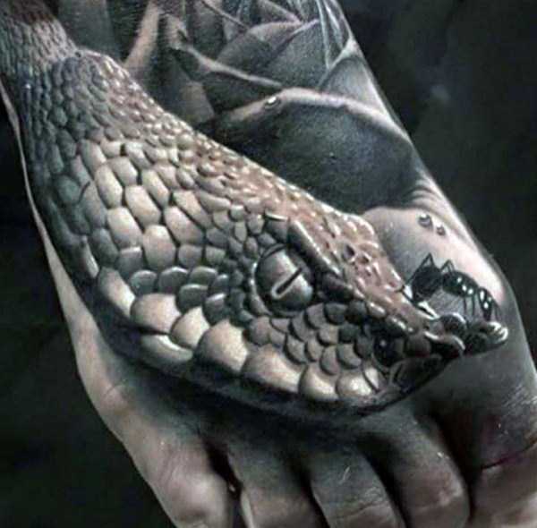 Black And Grey 3D Snake Tattoo On Right Foot