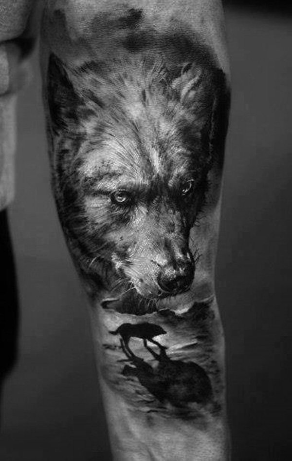 Black And Grey 3D Wolf Tattoo On Left Forearm