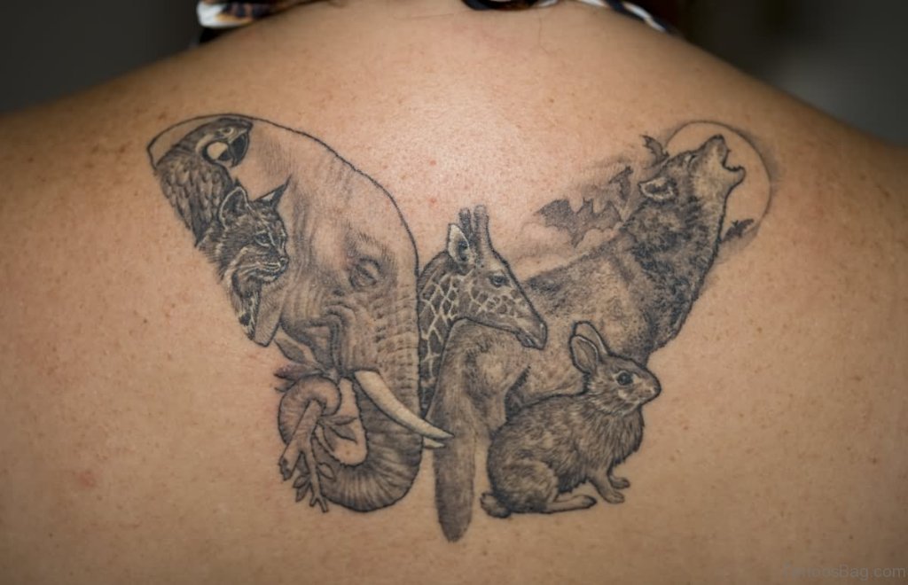 Black And Grey African Animals Tattoo On Man Upper Back