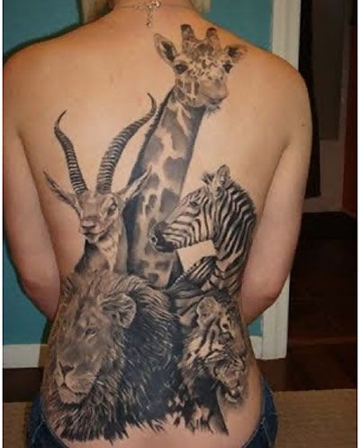 Black And Grey African Animals Tattoo On Women Full Back