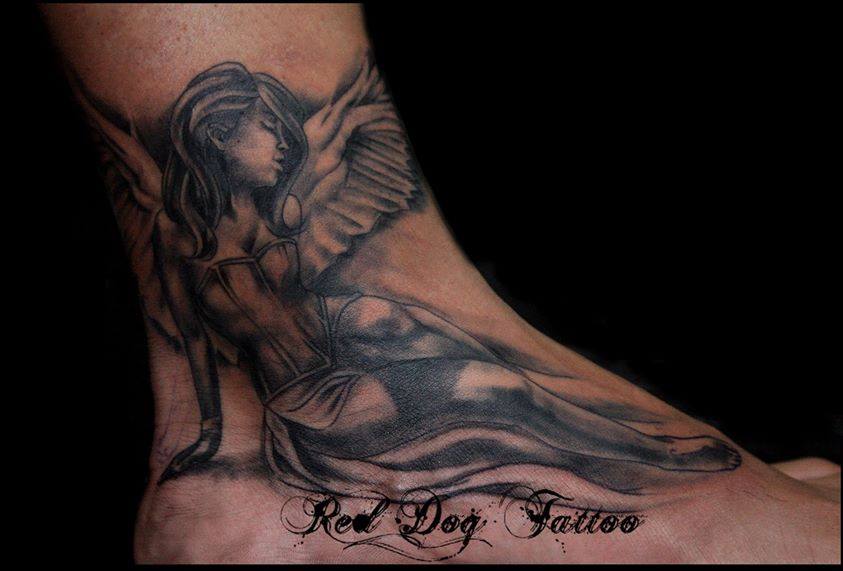 Black And Grey Angel Tattoo On Foot