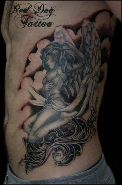Black And Grey Angel Tattoo On Left Side Rib