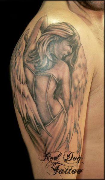 Black And Grey Angel Tattoo On Right Half Sleeve