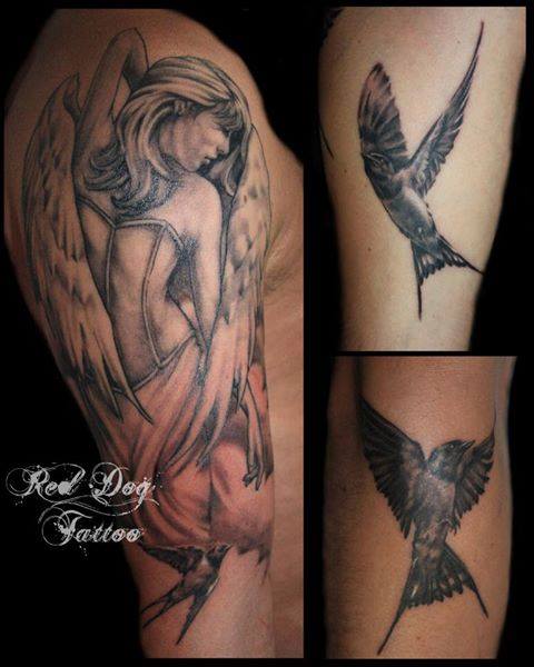 Black And Grey Angel With Flying Bird Tattoo Design For Sleeve