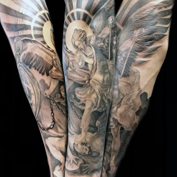 Black And Grey Archangel Michael Tattoo Design For Full Sleeve