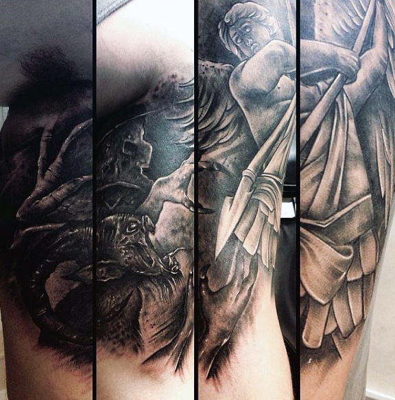 Black And Grey Archangel Michael Tattoo Design For Half Sleeve