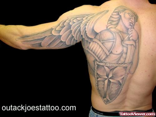 Black And Grey Archangel Michael Tattoo On Man Back