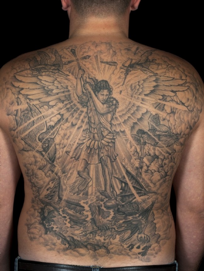 Black And Grey Archangel Michael Tattoo On Man Full Back