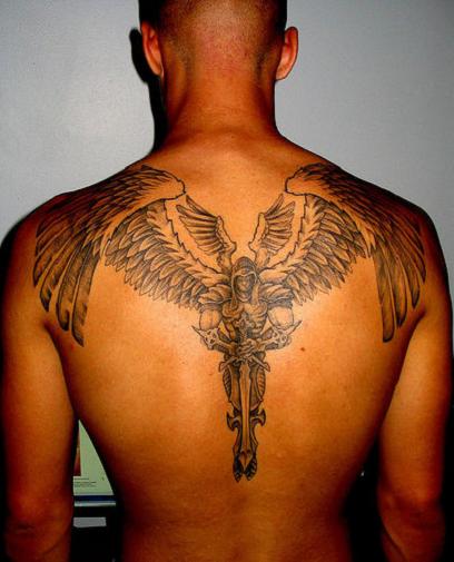 Black And Grey Archangel Michael Tattoo On Man Upper Back
