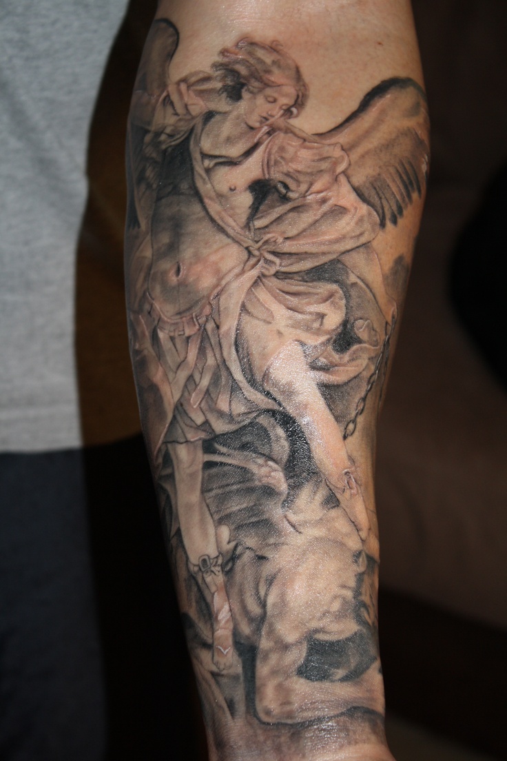Black And Grey Archangel Michael Tattoo On Right Forearm