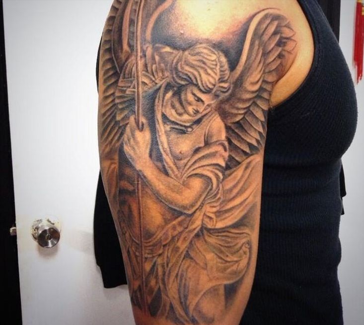 Black And Grey Archangel Michael Tattoo On Right Half Sleeve