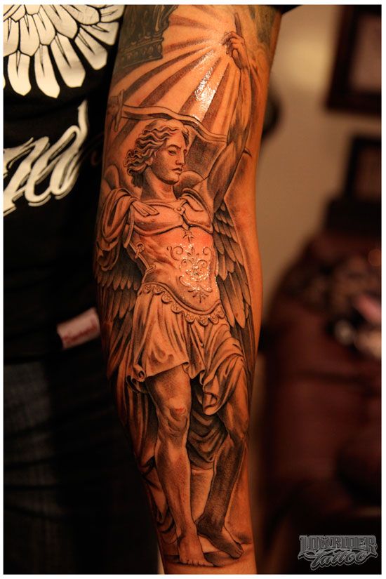 Black And Grey Archangel Michael Tattoo On Sleeve