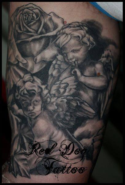 Black And Grey Cherubs With Rose Tattoo On Right Half Sleeve