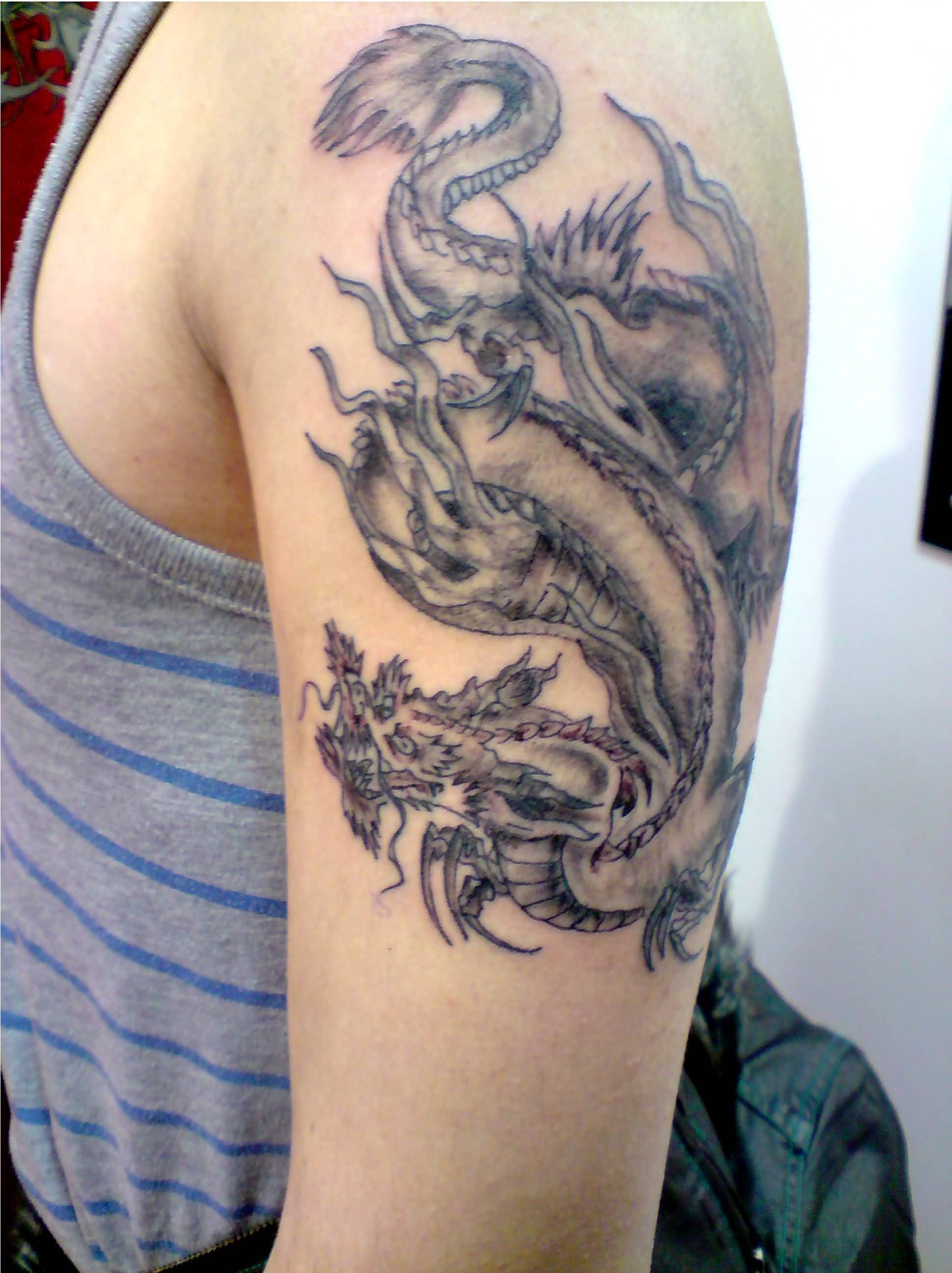 Black And Grey Chinese Dragon Tattoo On Left Half Sleeve