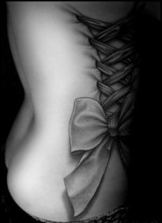 Black And Grey Corset With Bow Tattoo On Right Side Rib