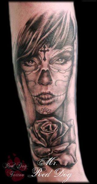 Black And Grey Dia De Los Muertos Girl Face With Rose Tattoo On Sleeve