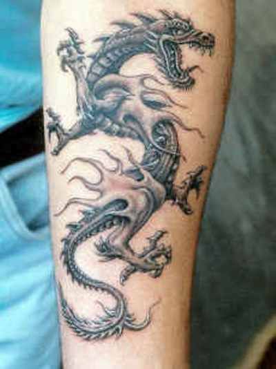 Black And Grey Dragon Tattoo On Forearm