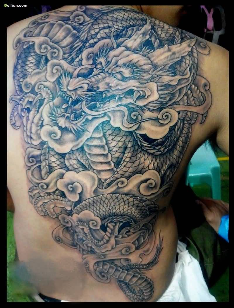 Black And Grey Dragon Tattoo On Full Back