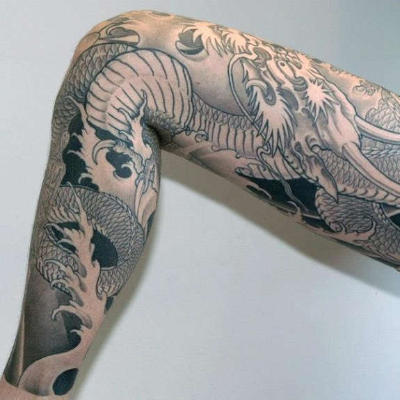 Black And Grey Dragon Tattoo On Full Leg