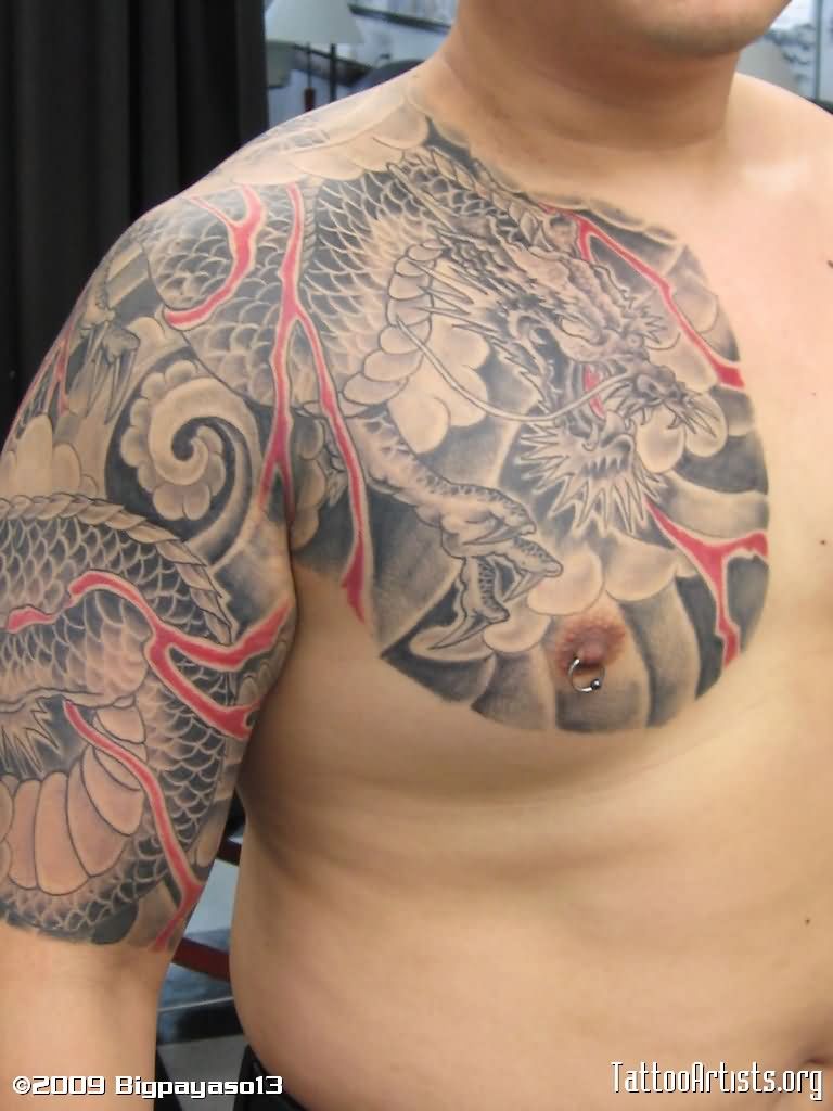 Black And Grey Dragon Tattoo On Man Right Half Sleeve And Chest