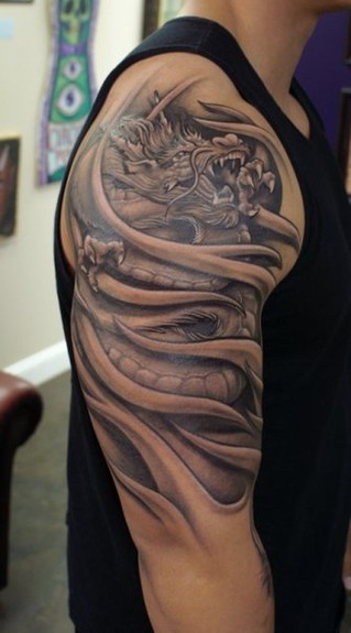 Black And Grey Dragon Tattoo On Man Right Half Sleeve By Bili Vegas