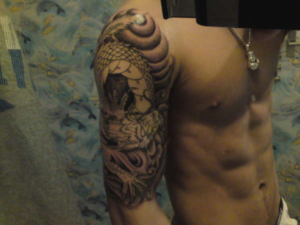 Black And Grey Dragon Tattoo On Man Right Half Sleeve