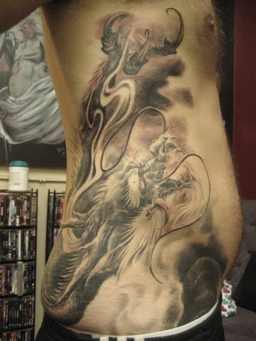 Black And Grey Dragon Tattoo On Man Right Side Rib By Carlos Torres
