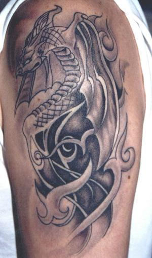 Black And Grey Dragon Tattoo On Shoulder
