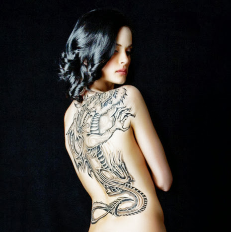 Black And Grey Dragon Tattoo On Women Full Back