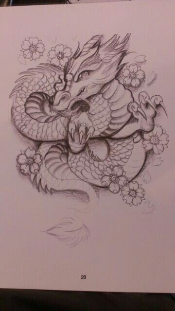 Black And Grey Dragon With Flowers Tattoo Design