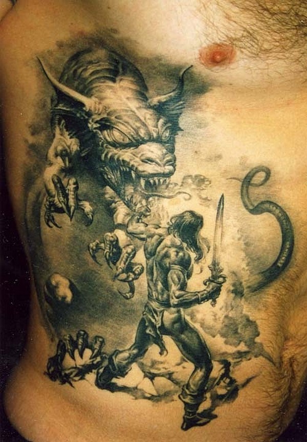 Black And Grey Dragon With Warrior Tattoo On Man Right Side Rib