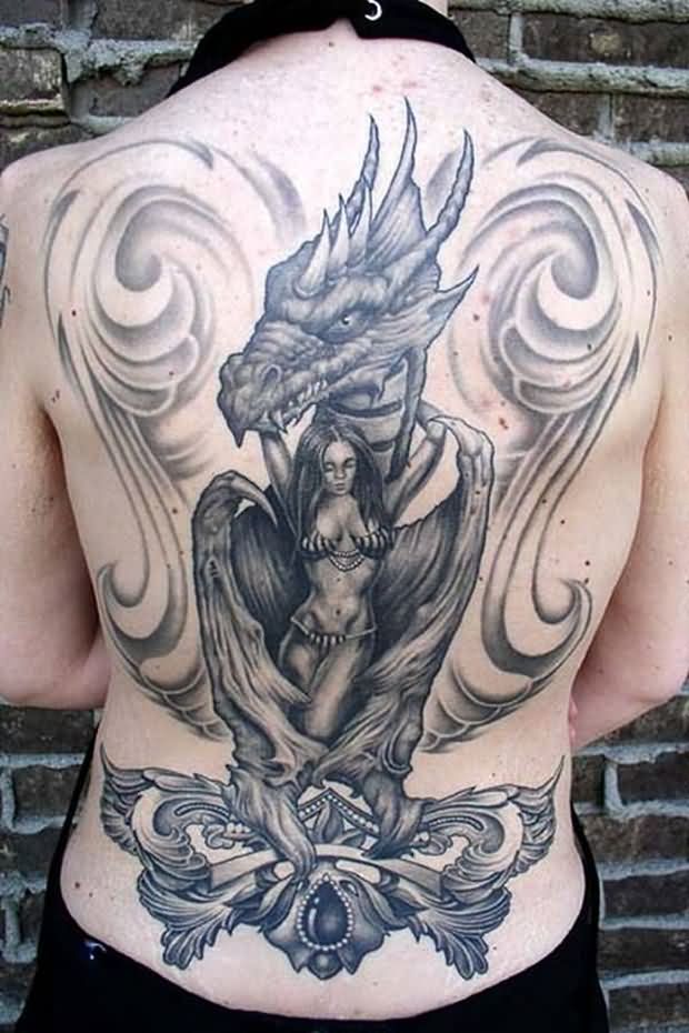 Black And Grey Dragon With Women Tattoo On Full Back