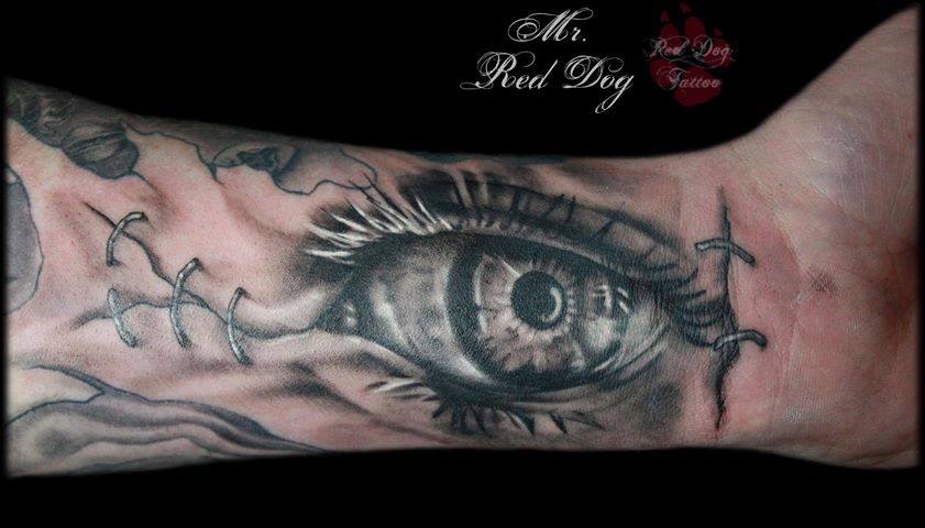 Black And Grey Eye Tattoo On Forearm