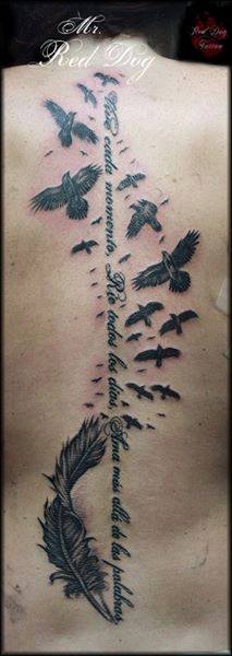 Black And Grey Feather With Flying Birds Tattoo On Full Back