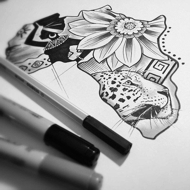 Black And Grey Flower And Animal In Africa Map Tattoo Design