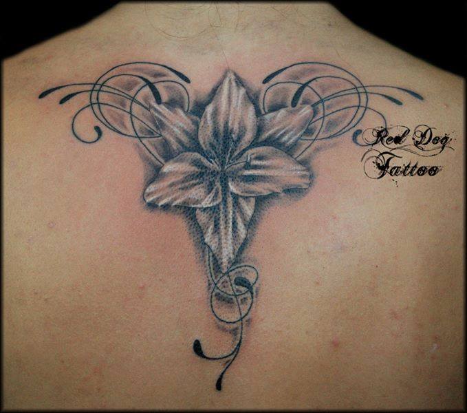 Black And Grey Flower Tattoo On Upper Back