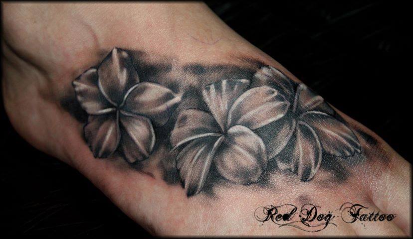 Black And Grey Flowers Tattoo On Right Foot