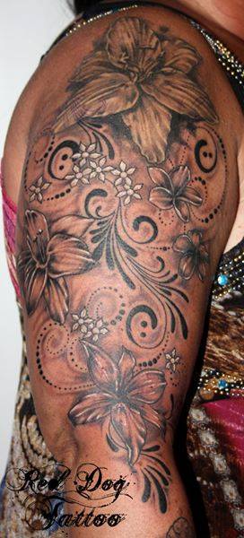 Black And Grey Flowers Tattoo On Right Half Sleeve
