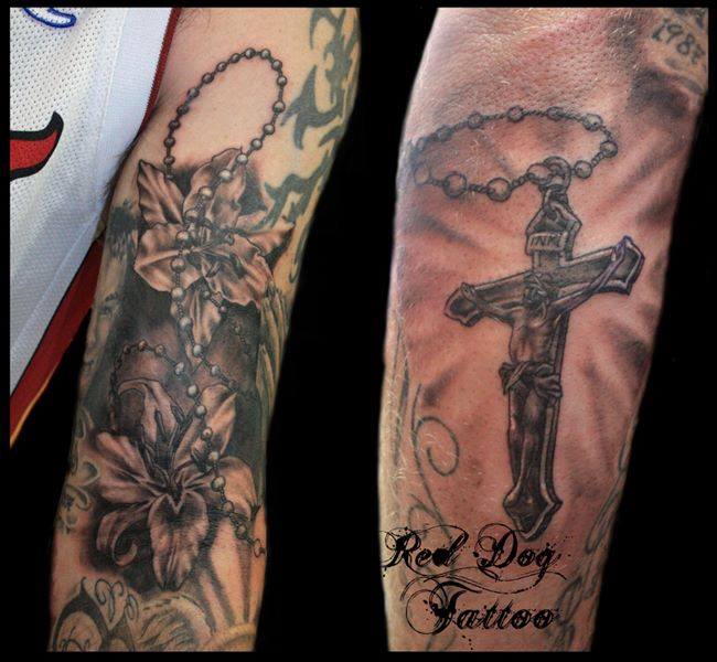 Black And Grey Flowers With Rosary Cross Tattoo On Right Half Sleeve